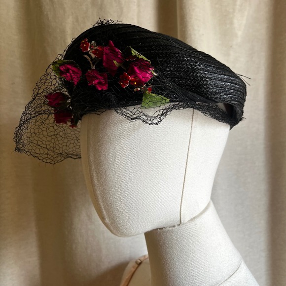 Vintage Black Floral Veil Cocktail Hat‎ Fascinator S/M 1950s 60s main image 5